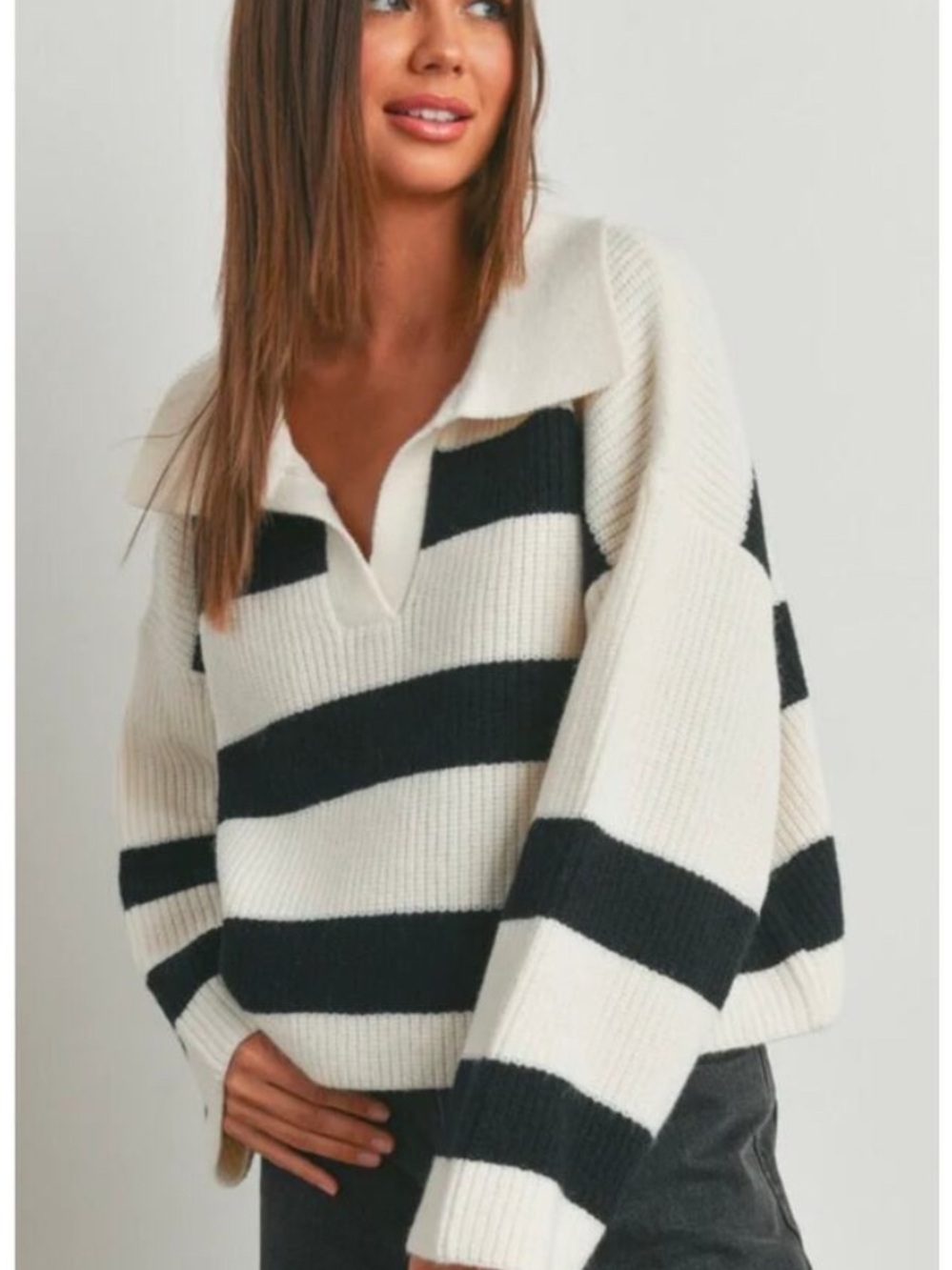 Buttermelon Striped Black & Cream Collared Oversized Sweater Chunky Knit Size S